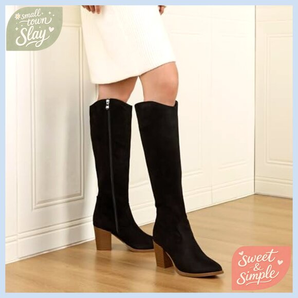 Knee High Boots Pointed Toe Suede Chunky Heel Slouchy Side Zipper Fashion - Picture 3 of 7